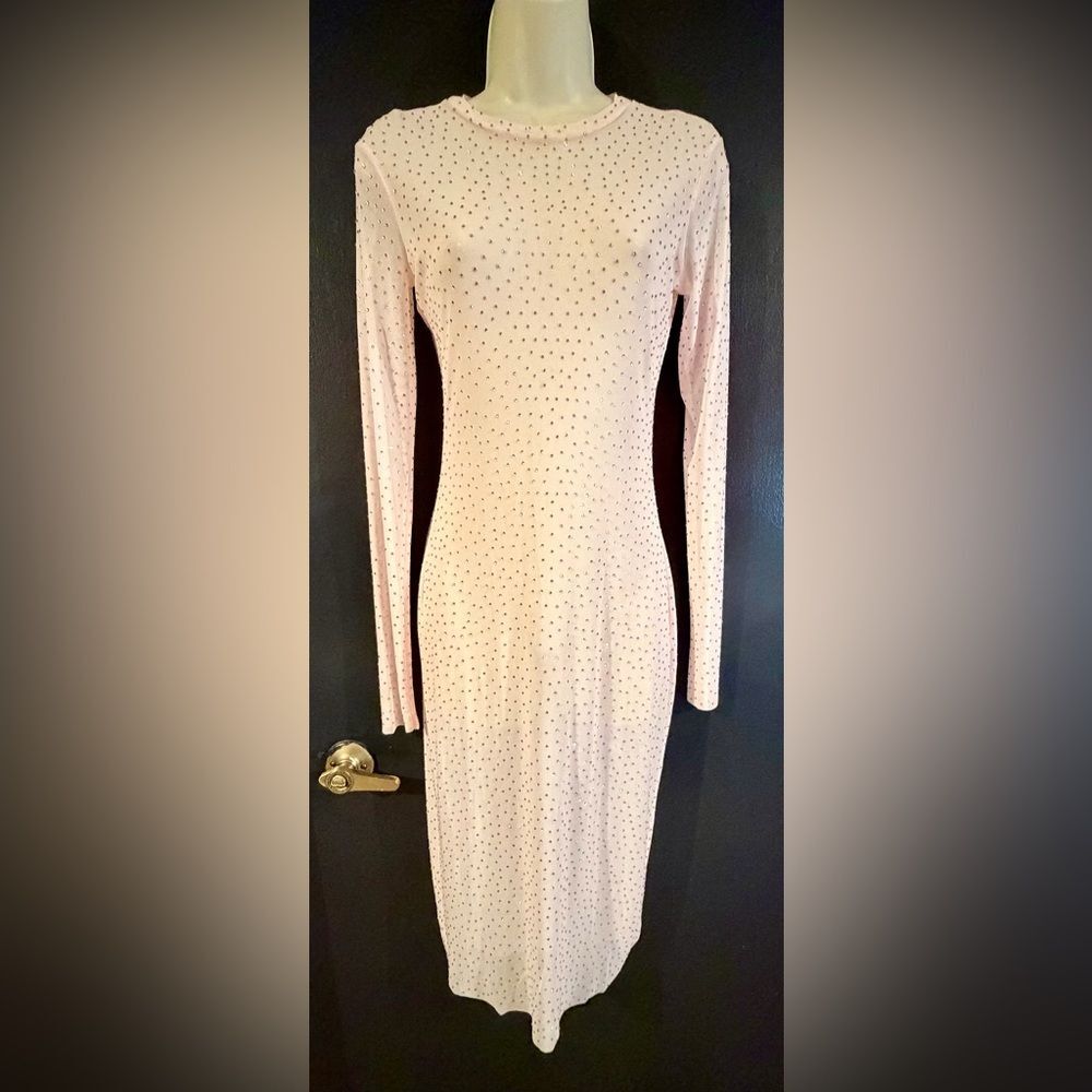 AFRM sexy Loah Light pink mesh bodycon Long Sleeve Rhinestone Midi Dress. Sz S